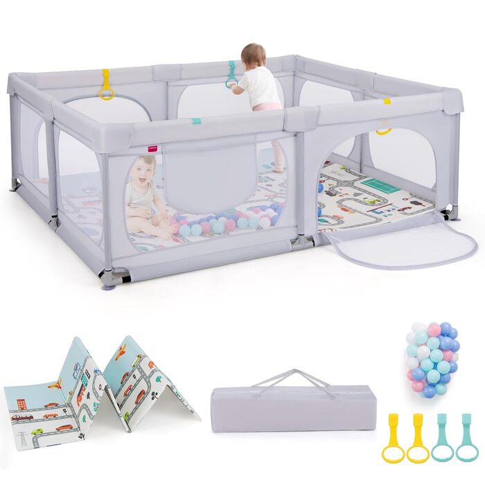 Дитячий манеж COSTWAY Laufstall з матрацом 189 x 158 см, з 50 м'ячиками та 4 ручками. Манеж-ігровий центр з дихаючим мережем для малюків (Світло-сірий)