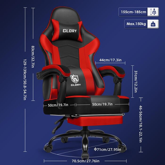 Ігровий крісло, офісне ергономічне крісло з телескопічною підніжкою, з підголівником та підтримкою попереку, регульоване та поворотне, 150 кг, (червоний)
