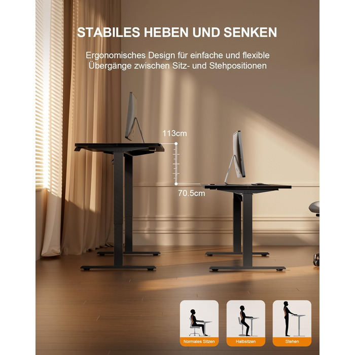 Регульований стіл з підняттям USB-портами та розеткою, 100 x 60 см. Електричний стіл, комп'ютерний стіл з пам'яттю 3-ох функцій, білий колір (чорний, 100 x 60 см)