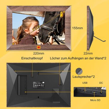Цифровий фоторамка Kodak WiFi, 8 дюймів, IPS сенсорний екран, 32GB, автоматичне обертання, коричневе дерево