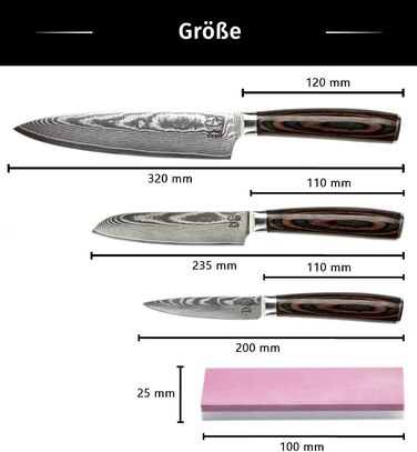 Набір кухонних ножів Дамаск 3 шт. (32, 24, 20 см) з каменем для заточування, дерев'яною ручкою, захистом леза та подарунковою коробкою. Перевірено TÜV, 62 HRC, сталь Дамаск з 67 шарів.