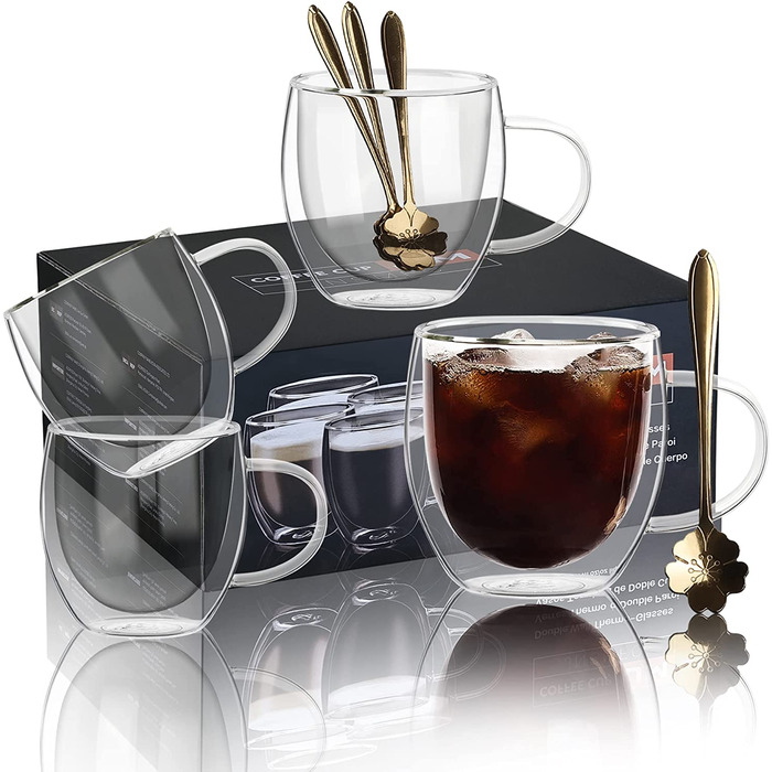 Скляні кавові чашки з подвійною стінкою і 4 ложками, набір з 4 скляних кавових чашок об'ємом 250 мл з ізольованою ручкою, прозора кавова чашка