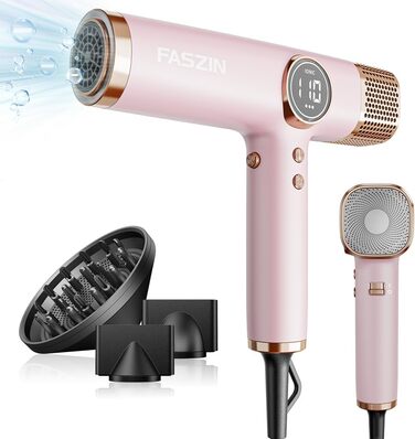 Фен для волосся Faszin з іонізацією, 110 000 RPM, LED-дисплей, 3 насадки, рожевий