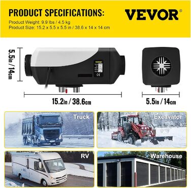 Автономний дизельний опалювач VEVOR 12V 8kW з LCD-дисплеєм та пультом дистанційного керування, 0.16-0.62 л/год, дизельний опалювач для автомобіля