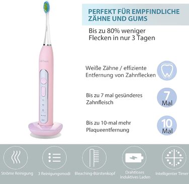 Електрична зубна щітка Lächen Sonic з 4 насадки, таймер, 3 режими та 3 інтенсивності, дорожній футляр (C-рожевий)