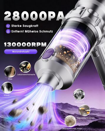 Бездротовий автомобільний пилосос Ortiny 28000Па, ручний міні-пилосос 4 в 1 з безщітковим двигуном та самоочищенням контейнера, для авто, дому та кухні, сріблясто-фіолетовий