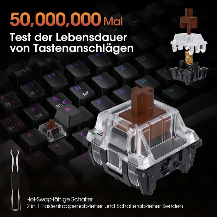 Механічна клавіатура KOORUI для геймінгу: бездротова/провідна/Bluetooth, 82 клавіші, QWERTZ (німецька розкладка), 4000mAh, коричневий перемикач