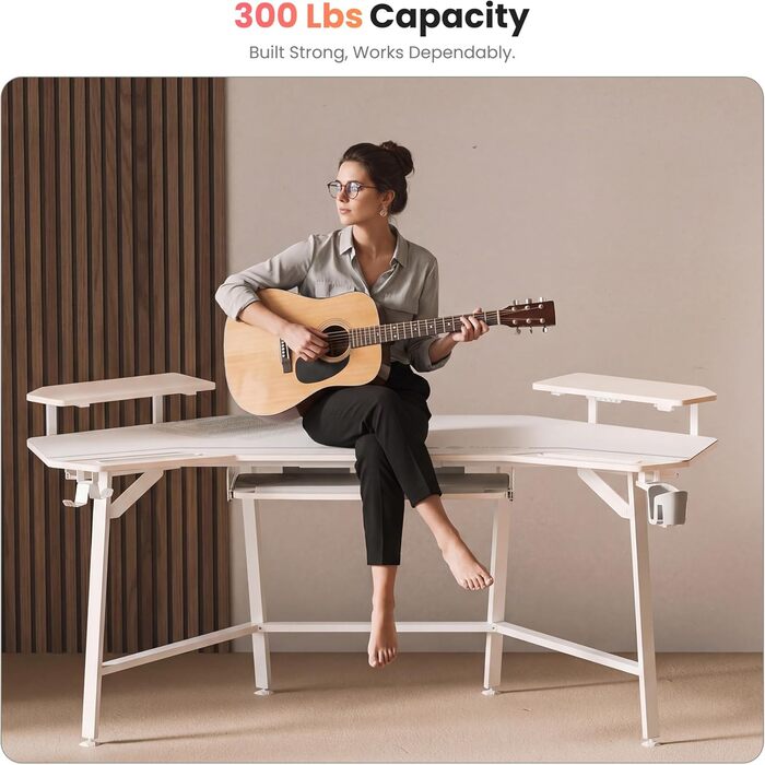 Ігровий стіл EUREKA ERGONOMIC 160x74 см з крилами, для ПК, з 2 відсіками для iPad, для дому, офісу, стрімінгу, білий акорн