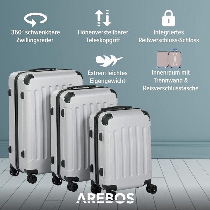 Набір валіз Arebos 3шт. з ABS-пластику | Чемодан на колесах з телескопічною ручкою | З замком-блискавкою, 360° колеса | Розміри M, L, XL | Срібний