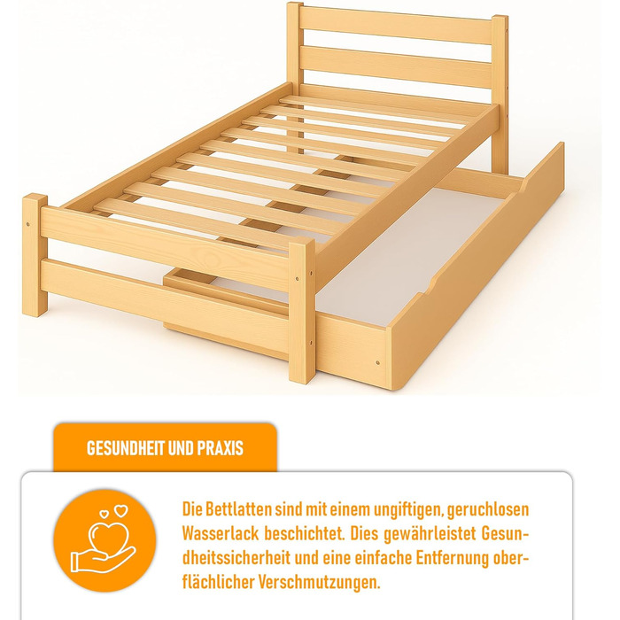 Дитяче ліжко Вробель 90x200 см з 2 ящиками та ламелями - односпальне ліжко з масиву сосни - ліжко Монтессорі для дітей - ліжко-півліжко для підлітків білого кольору - без матрацу