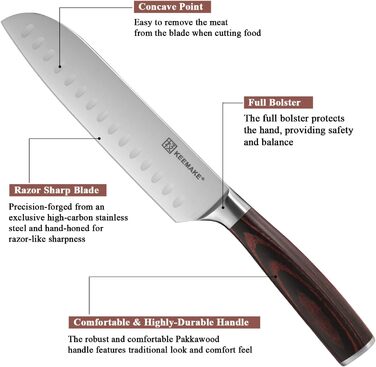 Набір кухонних ножів Keemake 7 предметів з дерев'яним блоком, професійний набір ножів з нержавіючої сталі та пластикової ручки