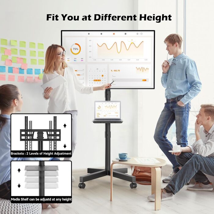 Рухома підставка під телевізор BONTEC, з можливістю нахилу та регулюванням висоти, з полицею для медіа для телевізорів 2360 дюймів, до 25 кг