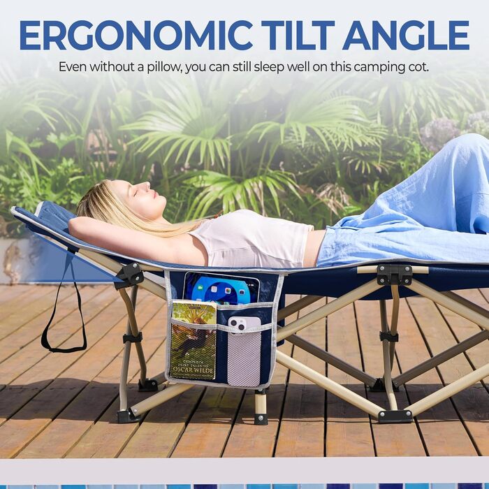 Розкладне кемпінгове ліжко Yaheetech для відпочинку та риболовлі, темно-синє, витримує до 150 кг, з кишенею та сумкою для транспортування