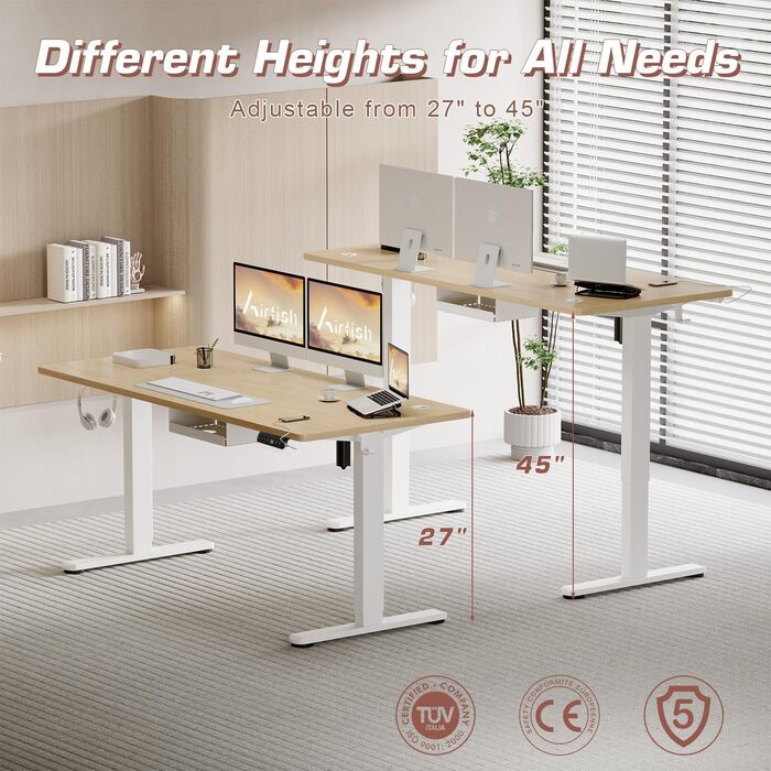 Електричний стіл Airfish з регулюванням висоти, USB-C зарядка, керування кабелями, 3 положення пам'яті (білий, 200 x 80 см, бежевий)