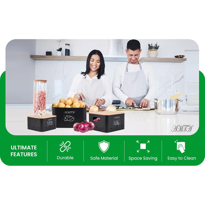 Набір контейнерів для зберігання картоплі, цибулі та часнику (3 шт) – Преміум-контейнери з циркуляцією повітря, вінтажний стиль, чорний колір