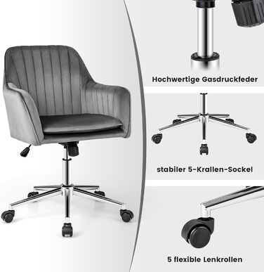 Обертовий стілець COSTWAY з оксамиту, регульований по висоті, з підлокітниками і спинкою, на коліщатках (сірий A)
