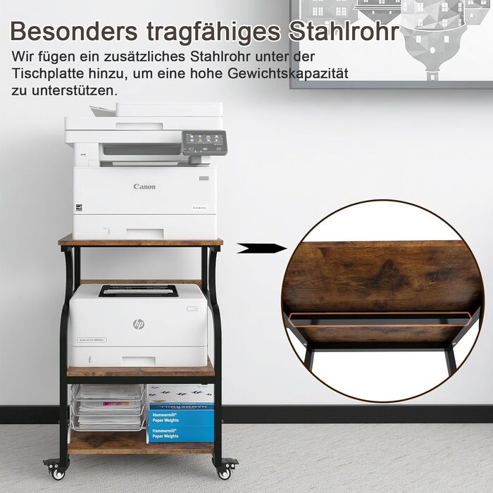 Регульований стіл для принтера PUNCIA з 3 ящиками та колесами. Мобільний візок для принтера з дерева та металу (60 x 50 см, Retro)