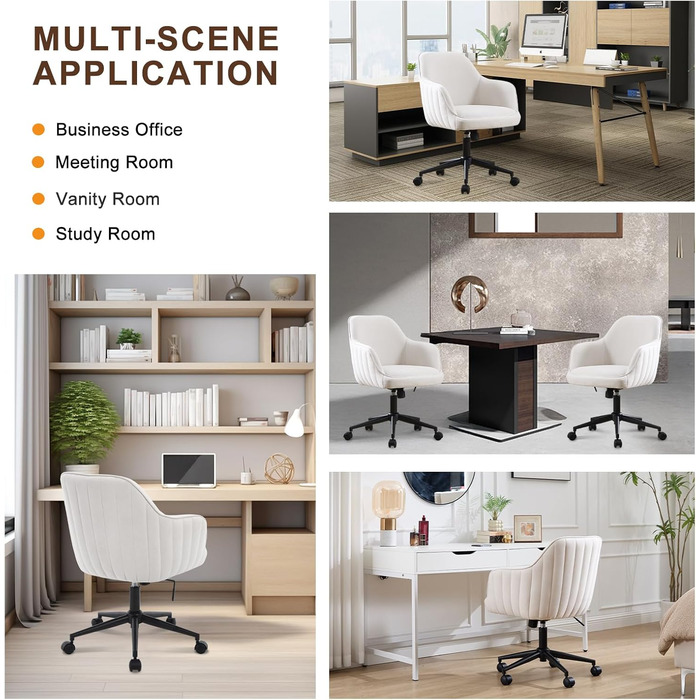 Офісне крісло BERYTH для дому та офісу, з велюру, до 136 кг, регульоване по висоті, поворотне на 360°, з м'якими роликами, для навчання, спальні, домашнього офісу, біле