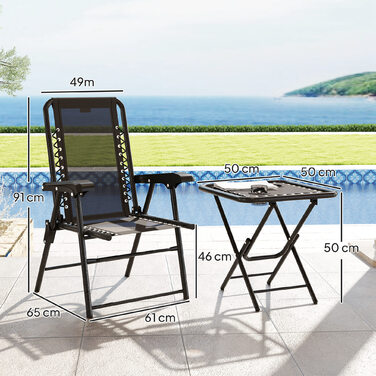 Набір для кафе на 3 місця зі сталі, стійкий до погодних умов. Комплект садових меблів з розкладним столиком для кафе, тримачами для стаканів та стільцями. Чорний колір.