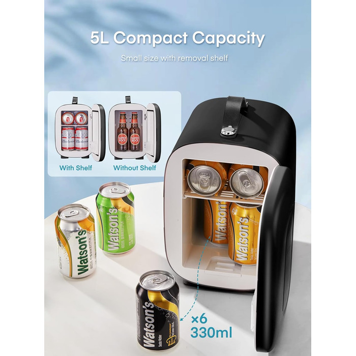 Міні холодильник FOHERE 5 літрів / 6 банок, USB живлення, 220V AC/12V DC, для напоїв та косметики, білий (чорний)