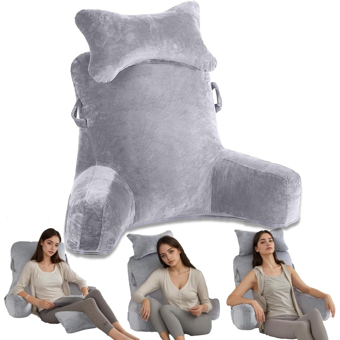 Лежак для читання в ліжко, 90 x 80 см (ДxВ) XXL подушка для спини, диван для дорослих з підлокітниками та знімною подушкою для шиї, спинка для читання з кишенею для ліжка, дивану, підлоги та стільця, світло-сірий