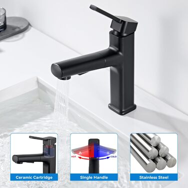 Чорний змішувач для ванної кімнати з висувною лійкою, однорегуляторний, для холодної та гарячої води