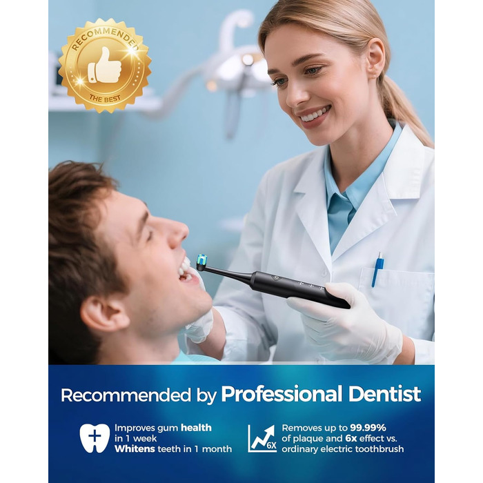 Електрична зубна щітка Rotierende для дорослих з 8 насадками, 4 режимами чищення, акумулятором на 60 днів та смарт-таймером 2 хв - професійна електрична зубна щітка (чорна)