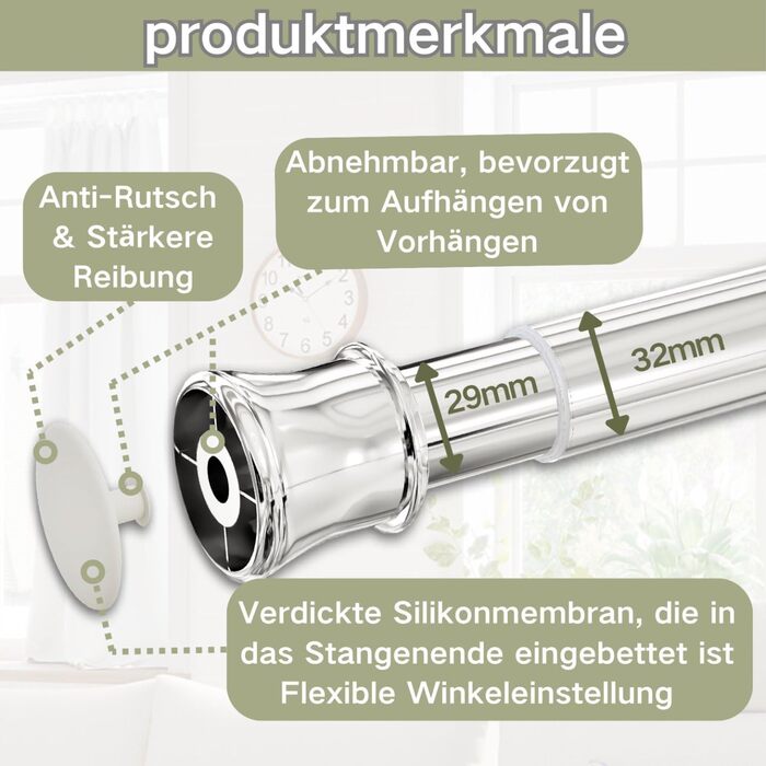 Телескопічна штора-карниз без свердління 85-265 см (Ø 32 мм), розсувна штанга для ванної кімнати, гардероба та DIY-проєктів, срібляста