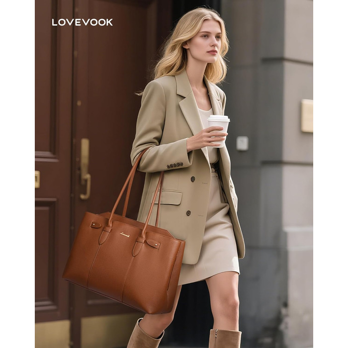 LOVEVOOK Сумка для ноутбука 15.6 дюймів, жіноча, велика, торбинка-шопер, шкіряна, водонепроникна, для роботи, навчання, офісу, універсальна, коричнева