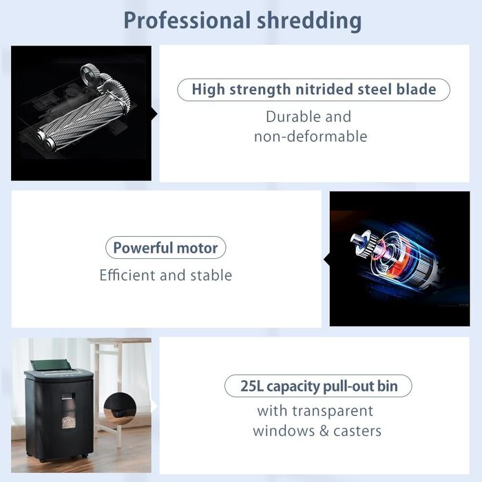 Автоматичний шредер для документів з мікрорізом: 150 аркушів, P-4 безпека, 40 хв роботи, 25 л контейнер, тихий, портативний, для дому, офісу, шкіл, бізнесу