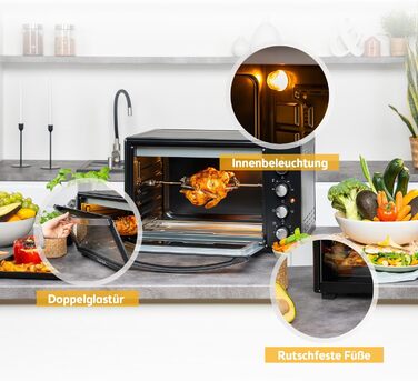 Міні-піч TZS First Austria 45L з грилем, таймером та регулюванням температури до 230°C. Антипригарне покриття, 4 рівня, включає деко, решітку та вертілку.