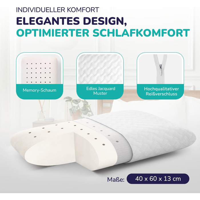 Ортопедична подушка ZenPur для шиї та плечей 40x60x13 см з Memory Foam, сертифікат Oeko-Tex, бежева