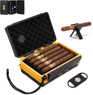 Подорожній вологозберігач для сигар на 5 сигар (50RG), Комплект з різаком, підставкою, гігрометром та зволожувачем, Подарунковий набір для поціновувачів сигар (Жовтий)