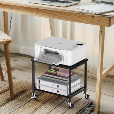 Двоярусний стіл для принтера з роликами, 30x42x37 см, дерев'яний та металевий, мобільний, для офісу та вітальні, чорний