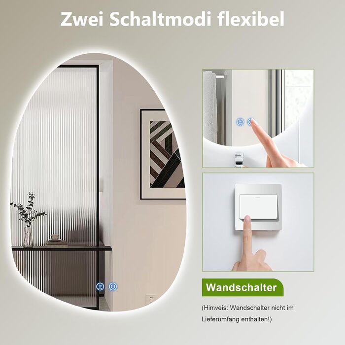 LED дзеркало для ванної кімнати з підсвічуванням, 70 x 50 см, холодний білий (6000K), енергозберігаюче, диммер, антизапар