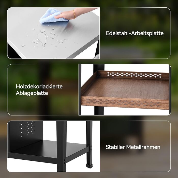 Роял Гормет: Робоча поверхня для гриля 85x50 см з нержавіючої сталі, візок на 3 яруси для гриля та піци, з ручками, тримачем для сміття та полицями для зберігання, легко миється та мобільний