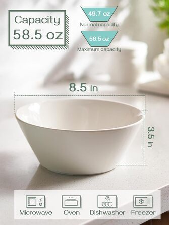 Набір салатників, миски для супу 950 мл / 32 унції, миска з пластівцями велика, великий діаметр миски для супу, порцеляновий набір мисок, миска рамен, біла, упаковка з 4 штук (1730 мл)