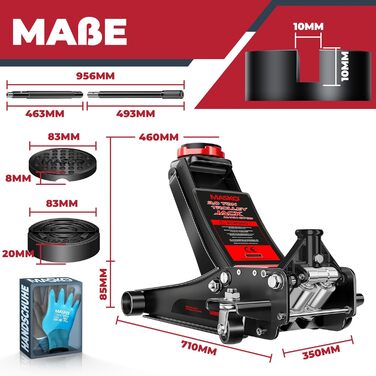 Гідравлічний домкрат MASKO 3T з низьким профілем 85-460мм, 3 гумові накладки, для легкових авто та SUV, ролики 360°, рукавички в комплекті. Домкрат під автомобіль до 3 тонн - Чорний