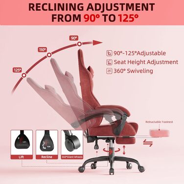 Ігровий крісло Ferghana Ergonomisch, комп'ютерне крісло з регульованою підголівником та поперековою подушкою, з підніжкою, для геймерів (червоний)