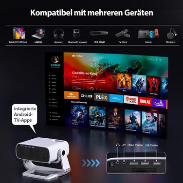 Розумний проєктор Beamer 4K Full HD 1080P, 25000 люмен, Android 11, WiFi 6, BT 5.2, обертовий штатив, для домашнього кінотеатру, сумісний з iOS/Android/Laptops, чорний