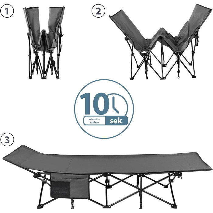 Складане кемпінгове ліжко ALPIDEX з м'яким матрацом та кишенею, витримує до 200 кг, сіре