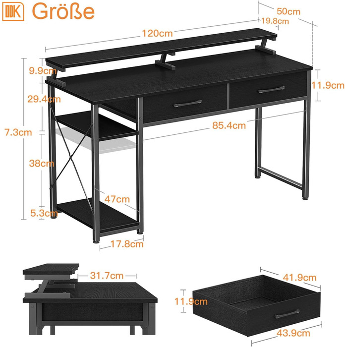 Стіл ODK з полицями, 2 шухлядами, книжковою полицею, для домашнього офісу (120x50x87см, чорний)