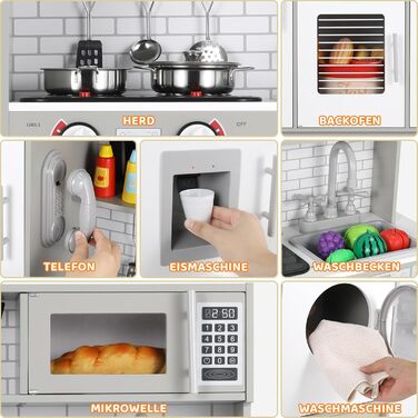 Дерев'яна дитяча кухня MAMIZO з підсвіткою та звуком, 82x80x25 см. Комплектація: аксесуари. Підходить для дітей від 3 років. Білий (сіро-білий) колір.