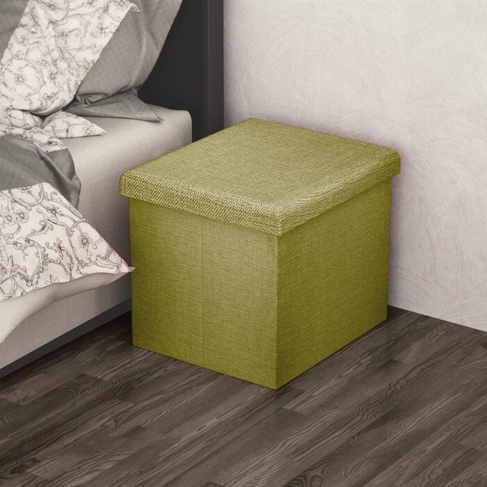 Складний пуф 30x30x30 см SPRING GREEN - Куб сидіння з місцем для зберігання та ефектом льону