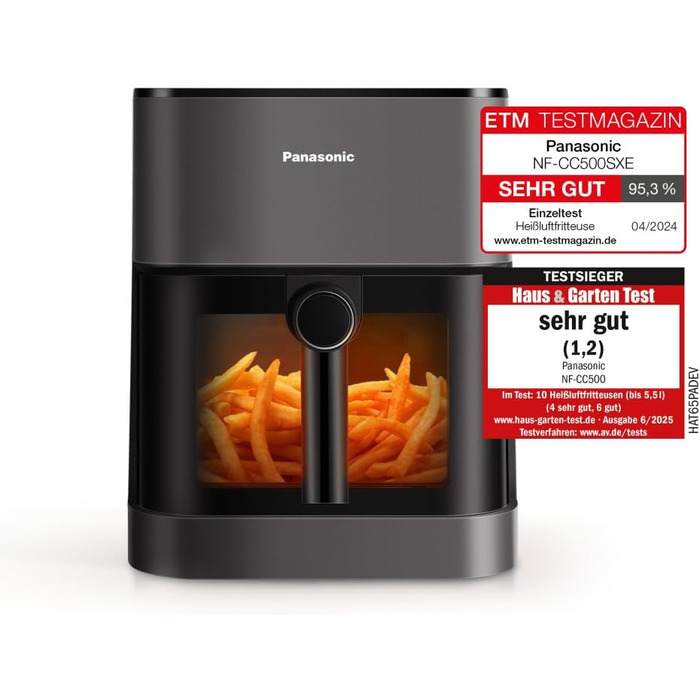 Фритюрниця повітряна Panasonic NF-CC500SXE, 5 л, з вікном, 80–200 °C, 11 програм, LCD-дисплей, покриття антипригарне, сірий матовий, ETM Award 2024