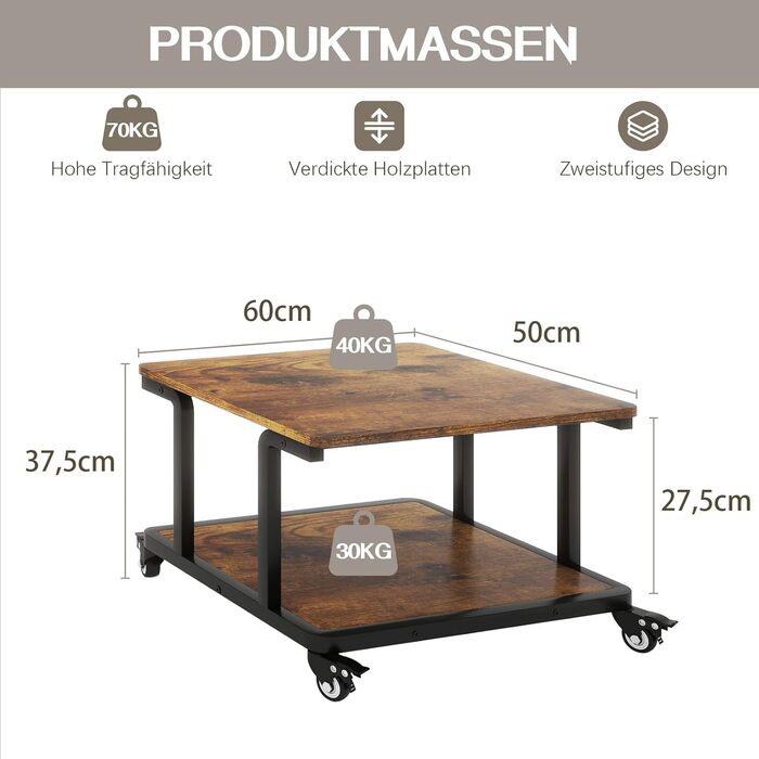 Стіл для принтера PUNCIA з 2 рівнями, мобільний, 60 x 50 см, дерево & метал