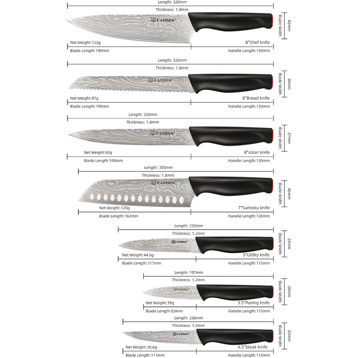 Набір кухонних ножів Katisun 16 шт. з японської сталі, з підставкою, точилкою, дощечкою та ножицями. Набір ножів для нарізки, шинкування та різання, безпечний для миття в посудомийній машині (15 ножів, лазерне різання)