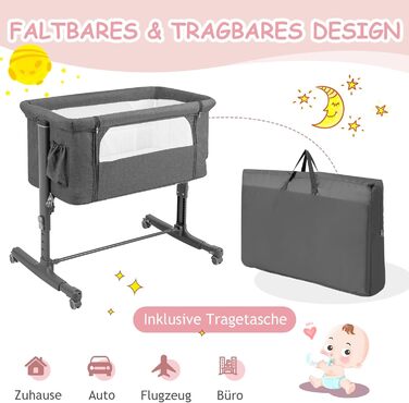 Двофункціональне ліжко-приліжкова стільниця Dreamade 2 в 1 з регулюванням висоти, з матрацом та колесами, 86 x 63 см, для новонароджених до 9 кг, з нахилом 10°, сірий колір