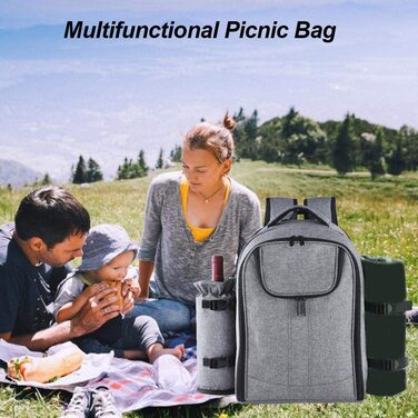 Набір для пікніка на 4 особи з ізольованим холодильним відділенням, сірий. Багатофункціональний рюкзак для пікніка, кемпінгу та відпочинку на природі.