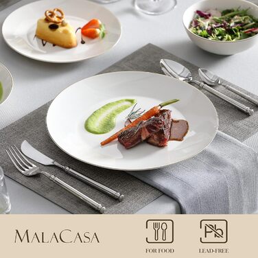 Столовий сервіз MALACASA для 4, Набір посуду з кістяного порцеляни з 16 предметів серії JERA, круглий білий комбінований сервіз із золотою обробкою, з